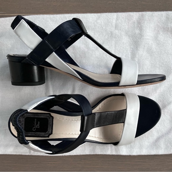 DIOR Navy, Black + White T-strap Leather Sandals Size 6/36.5 💟 - Picture 1 of 8